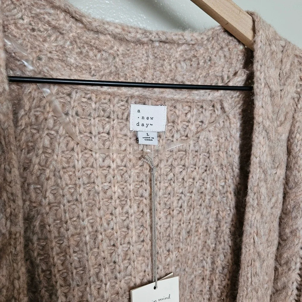 NEW A New Day Long Chunky Cardigan Sz L‎ Open Front Cable Knit Tan Blush NWT
